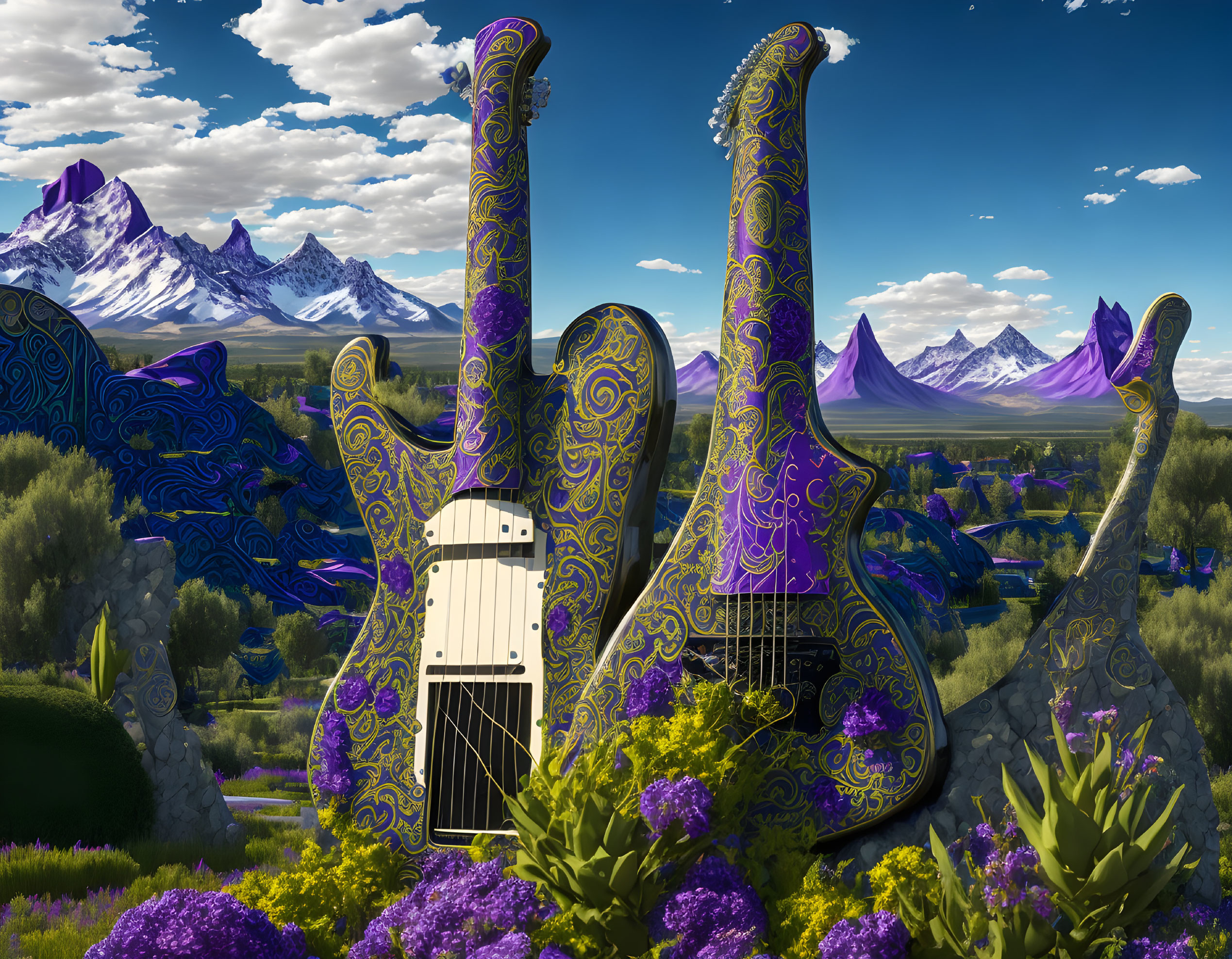 Ornate guitar structures in surreal landscape with purple flora and snowy mountains