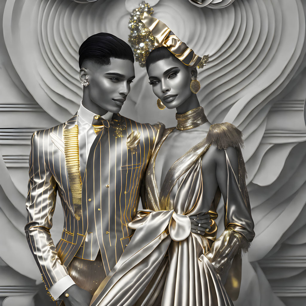 Futuristic metallic figures in avant-garde attire on monochromatic background