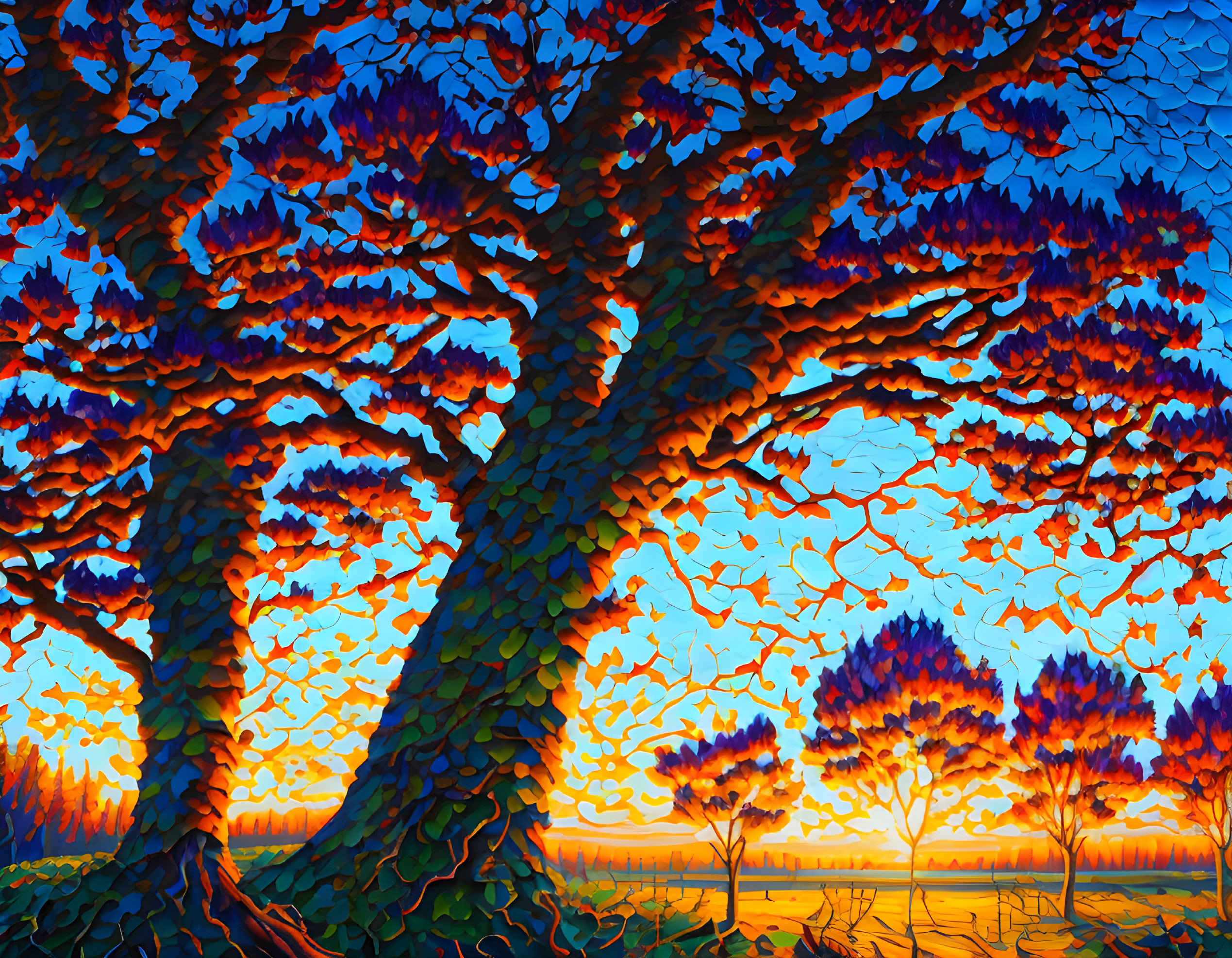 Colorful painting of two large trees under sunset sky