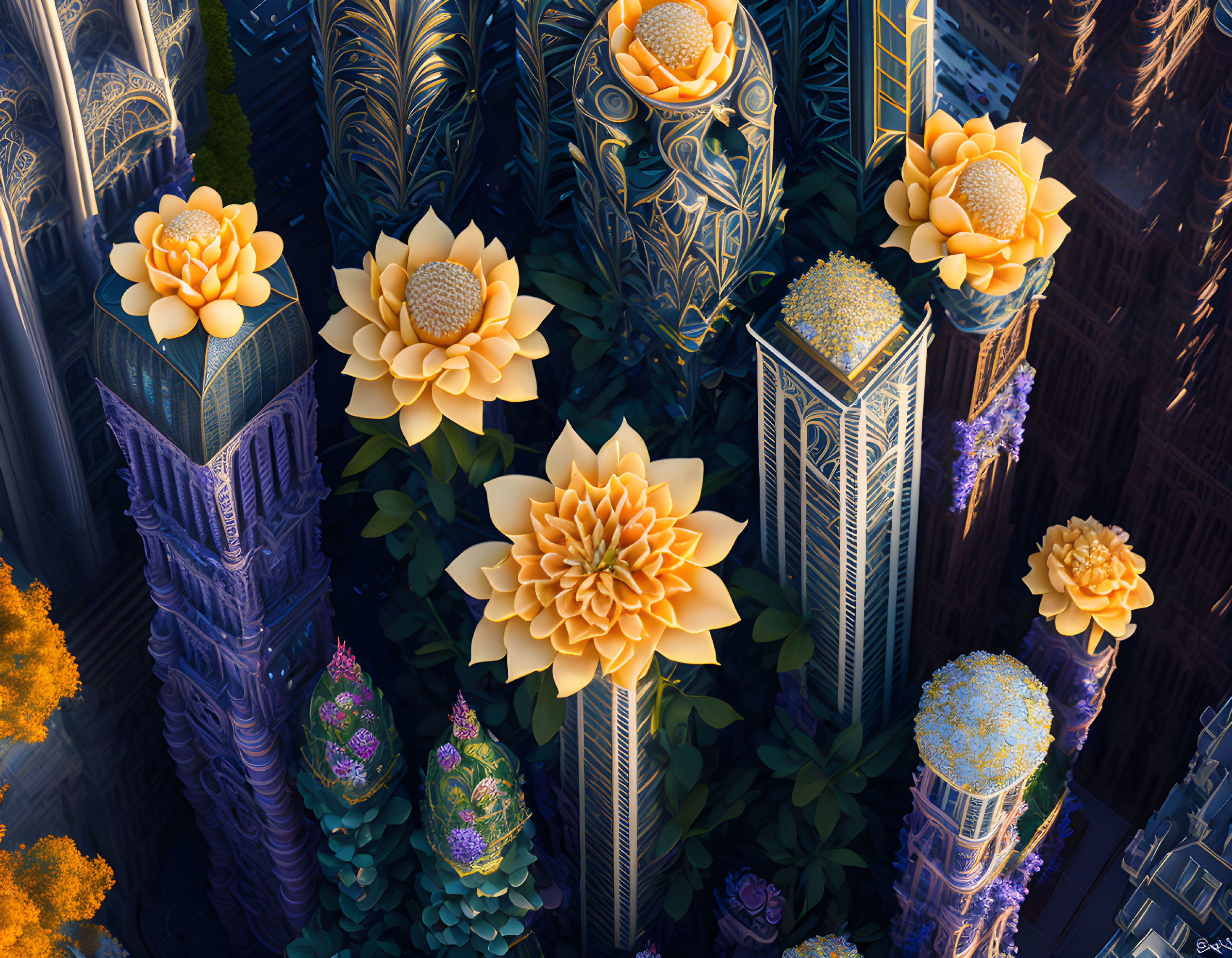 Fantastical cityscape with luminous flowers and intricate patterns