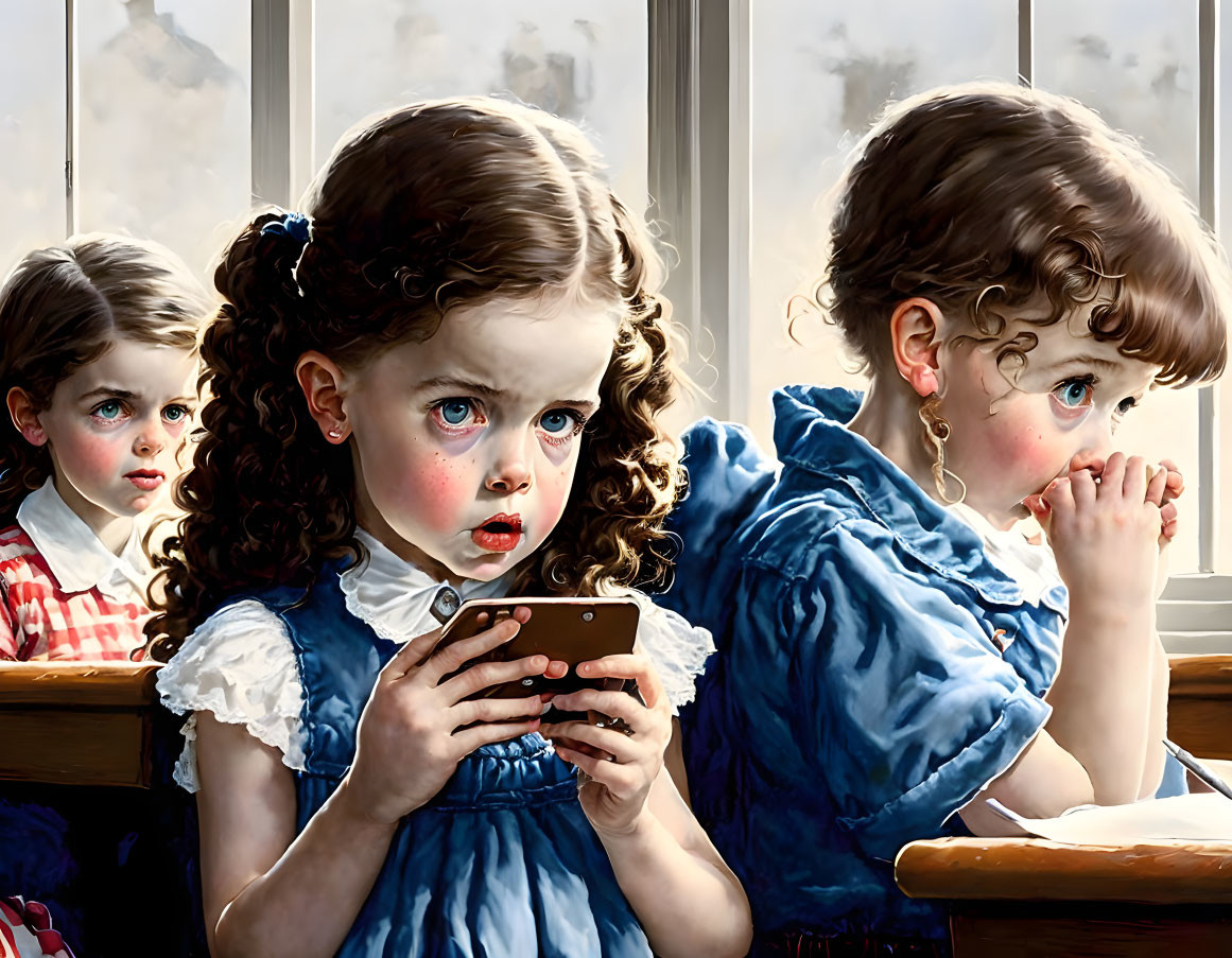 Three children with concerned expressions near a window with sunlight.