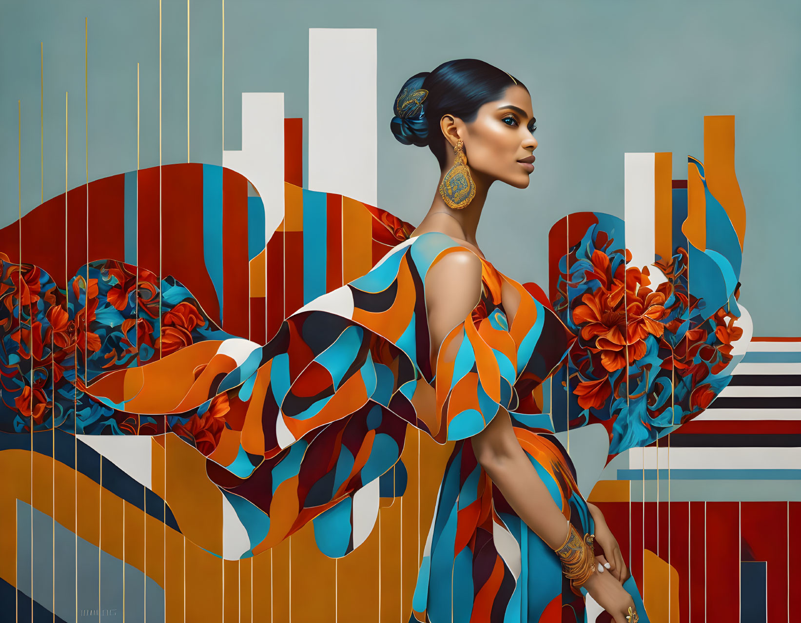 Fashionable woman with bun in colorful outfit against abstract backdrop