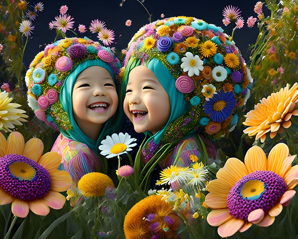 Joyful children with colorful floral hats among vibrant flowers.