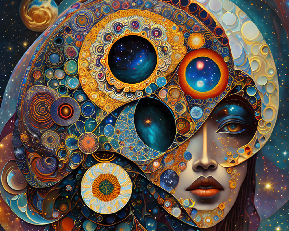 Woman's face merged with cosmic elements and circular patterns in vibrant artwork
