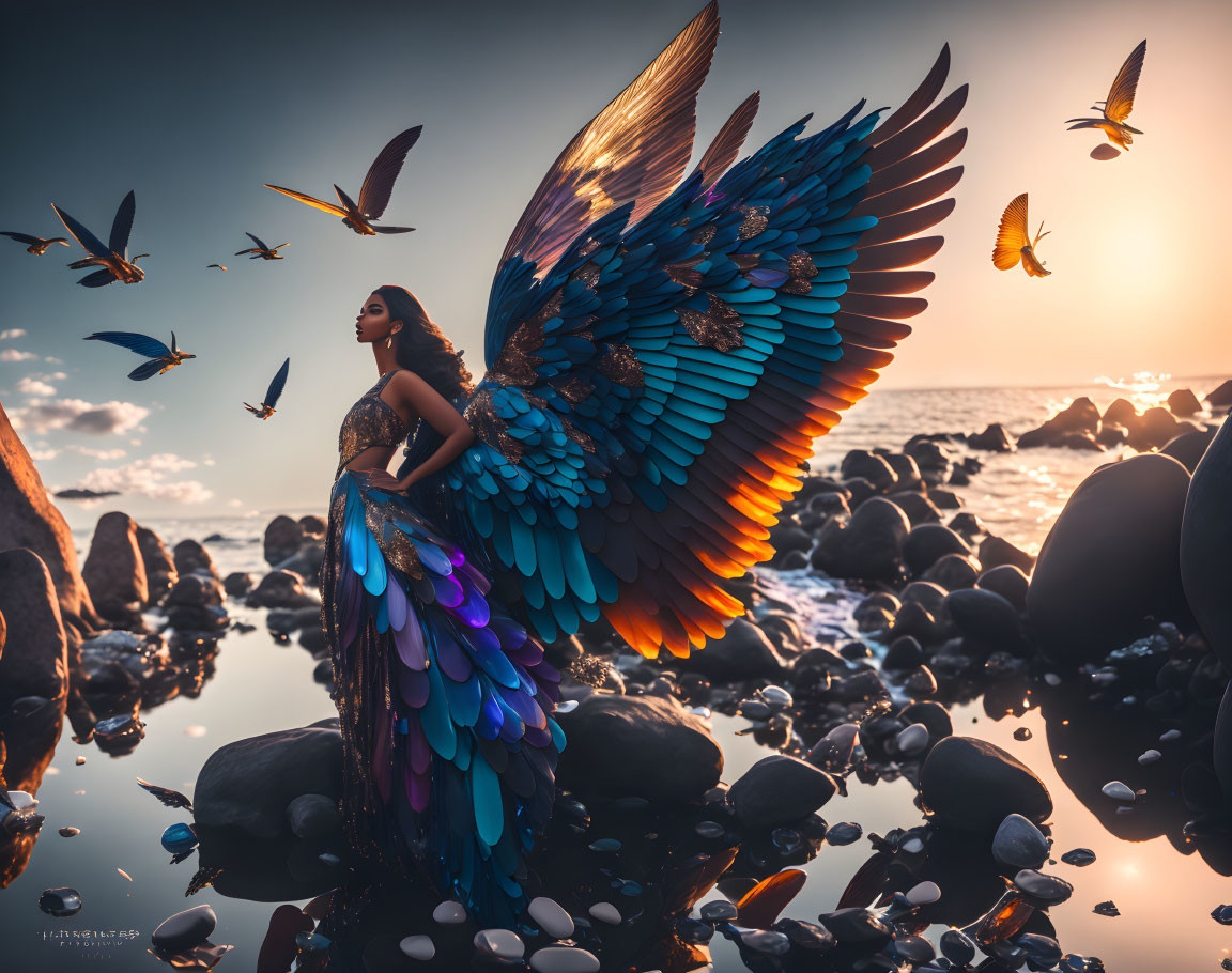 Woman with Multicolored Wings on Rocky Shore at Sunset surrounded by Birds