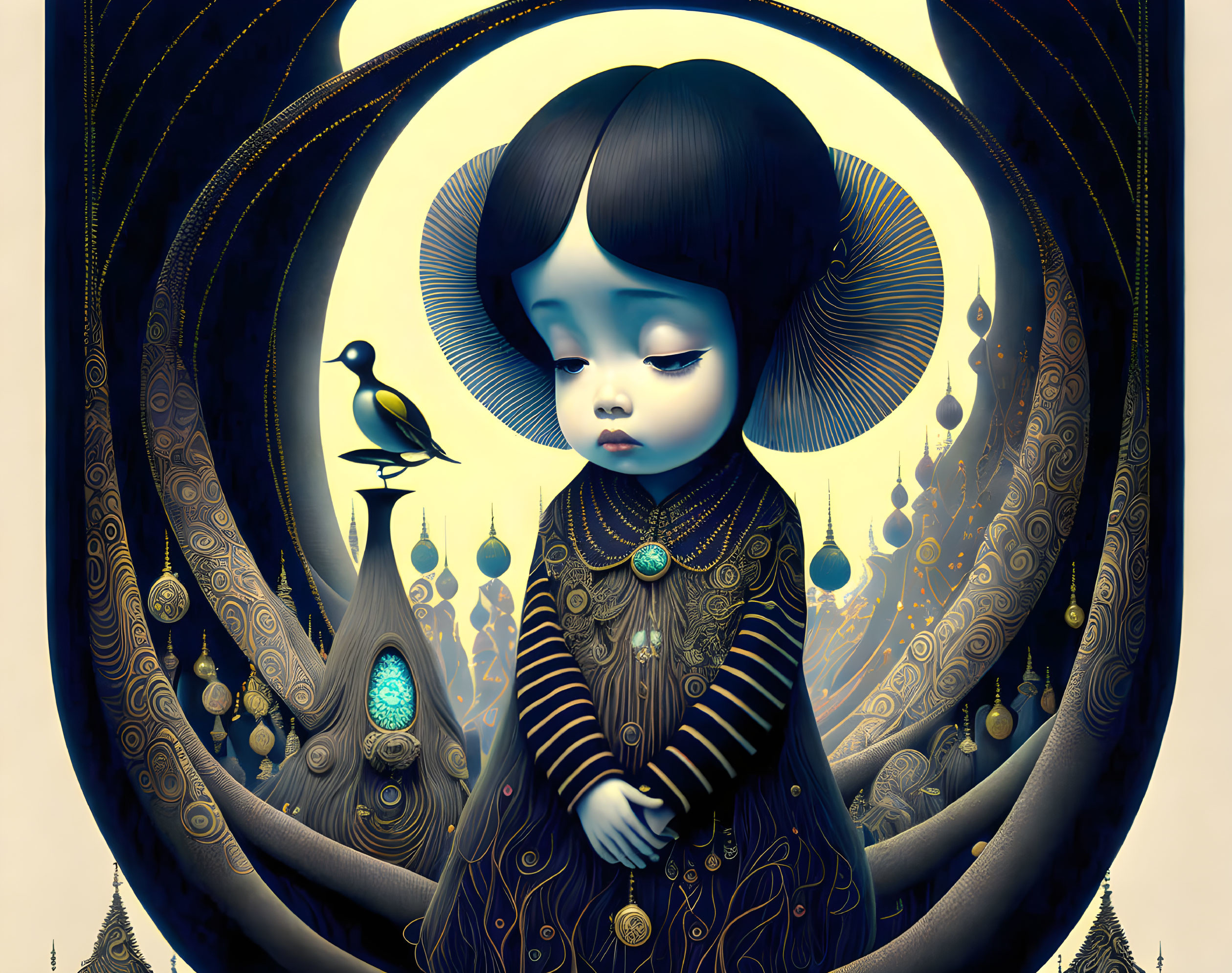 Melancholic girl with large eyes and dark hair, peacock feathers, yellow bird