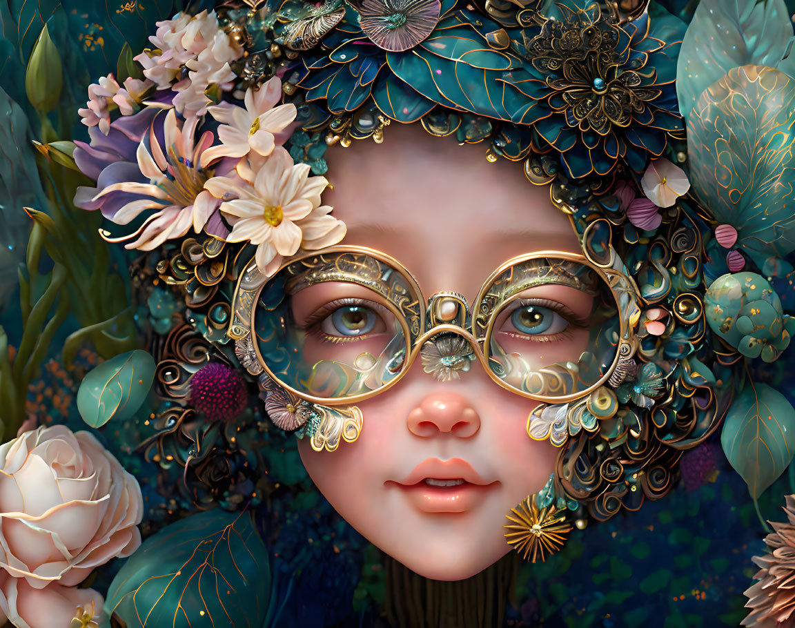 Colorful artwork featuring child with gold-framed glasses and fantasy motifs