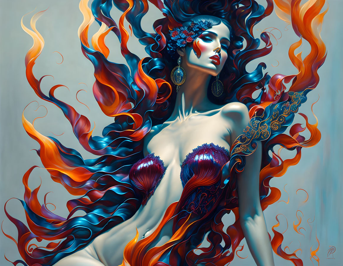 Woman with Fiery Hair and Elegant Attire in Artwork