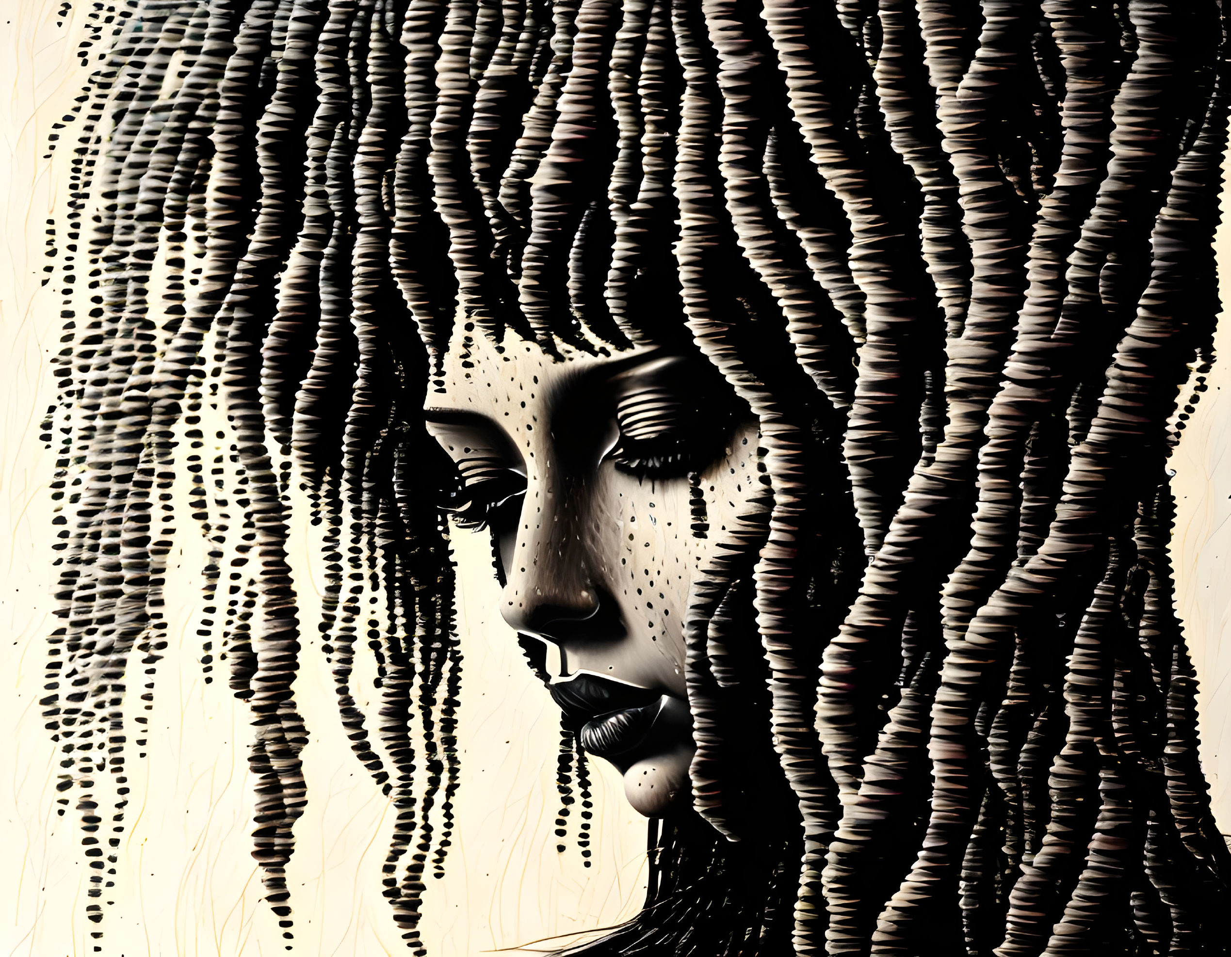 Monochrome digital illustration of woman with wavy hair and dotted shading