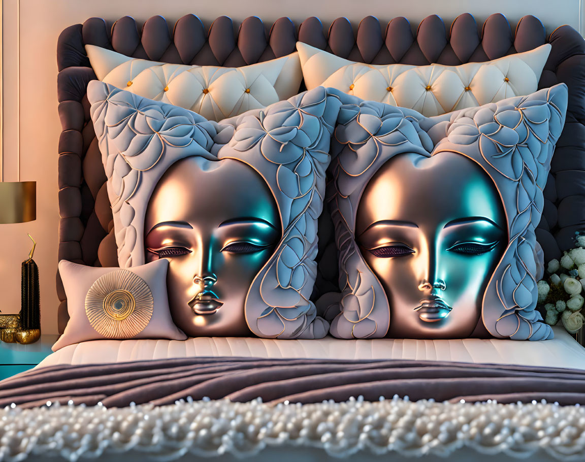 Artistic Face-Designed Pillows in Elegant Bedroom Decor