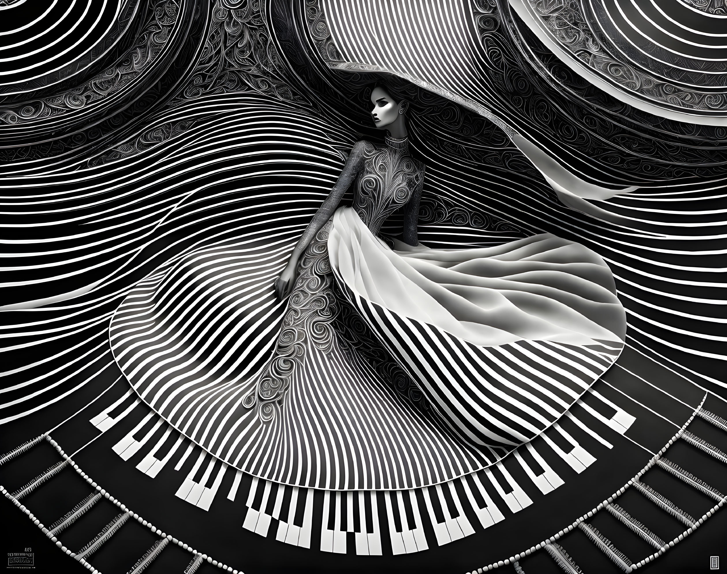 Monochrome artistic image of woman in flowing dress merging with piano keys against intricate backdrop.