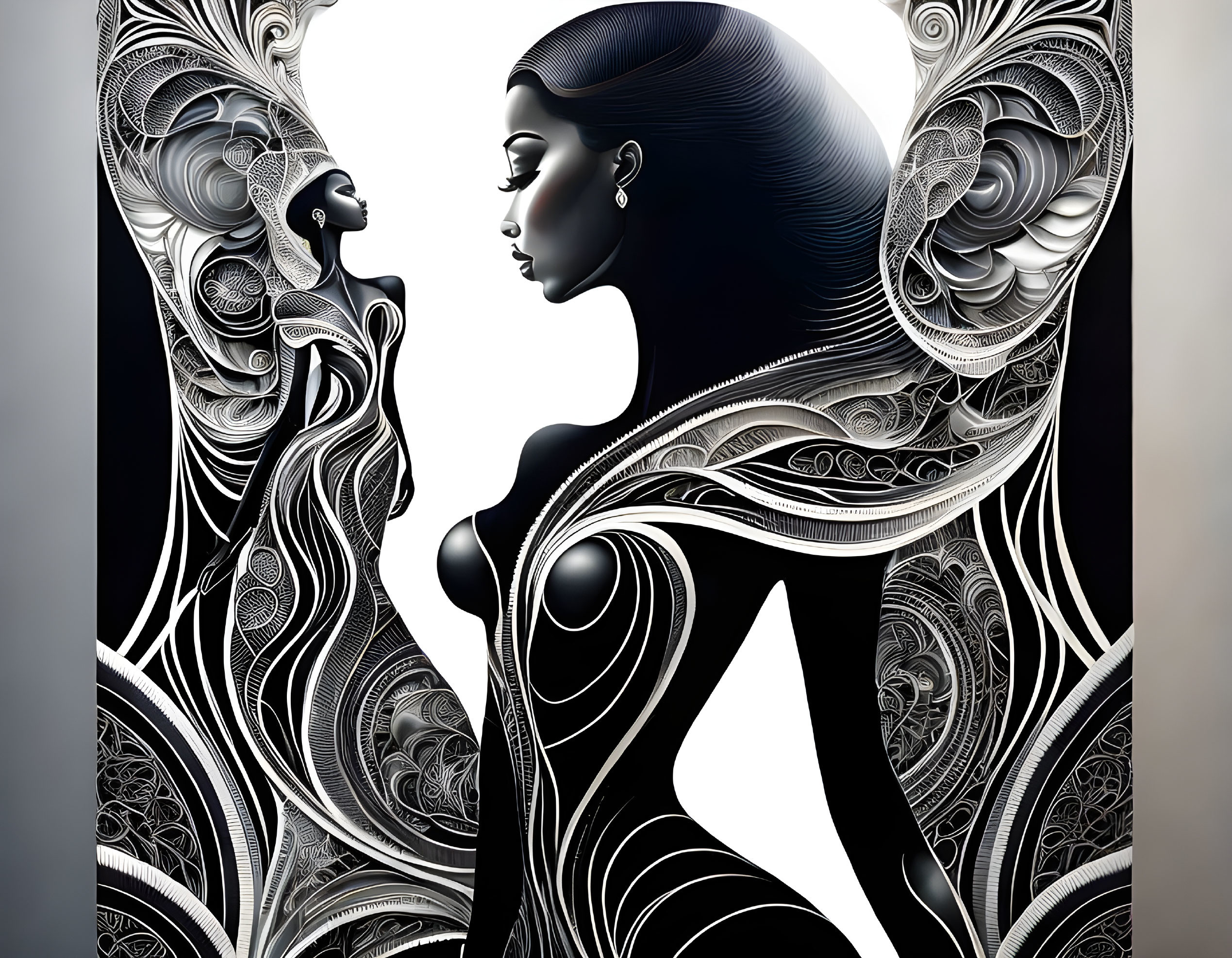 Black and white artwork: Two women profiles with intricate hair designs