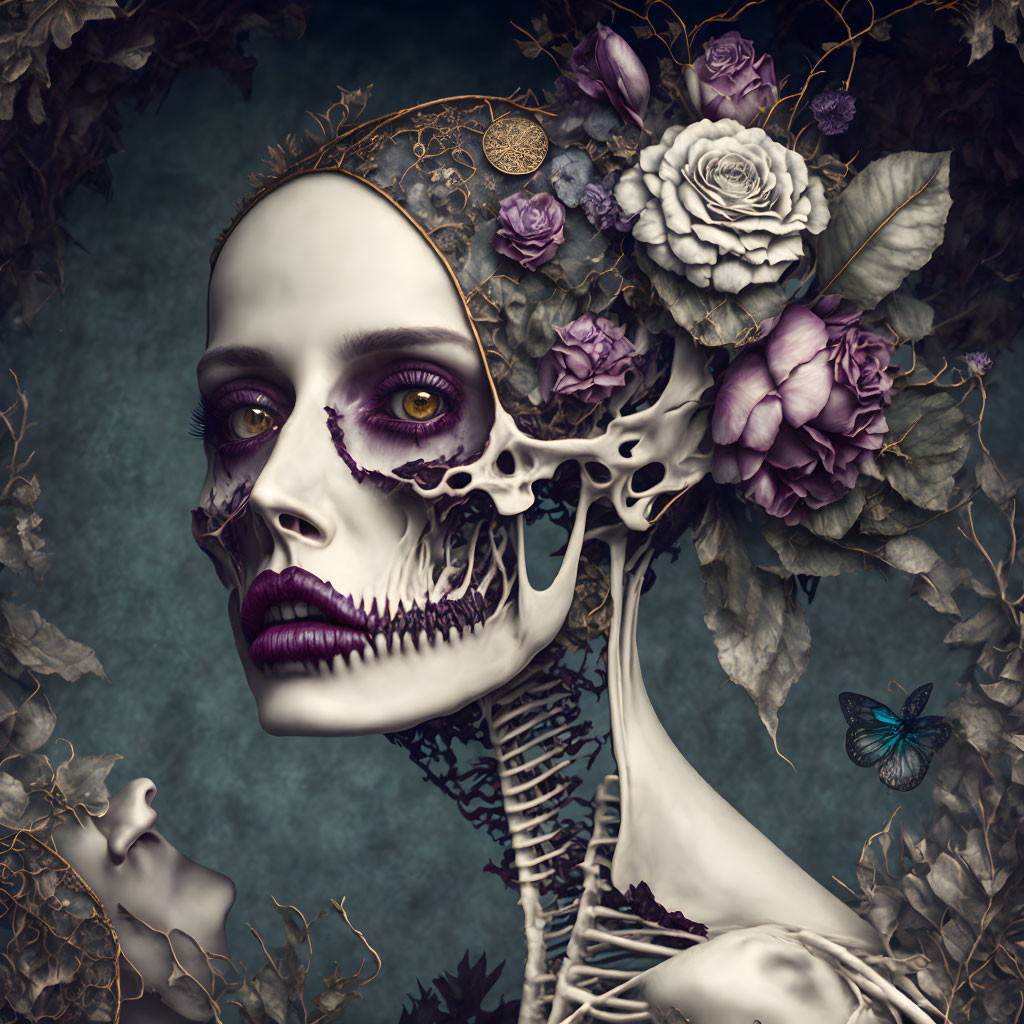 Digital Art: Half Woman, Half Skeleton with Floral Accents and Butterfly