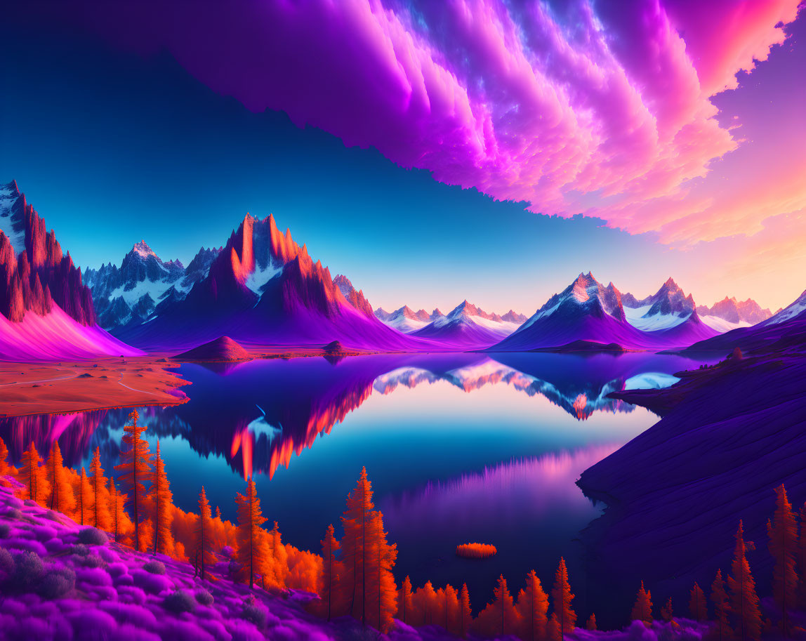 Surreal landscape with purple skies, blue waters, orange foliage