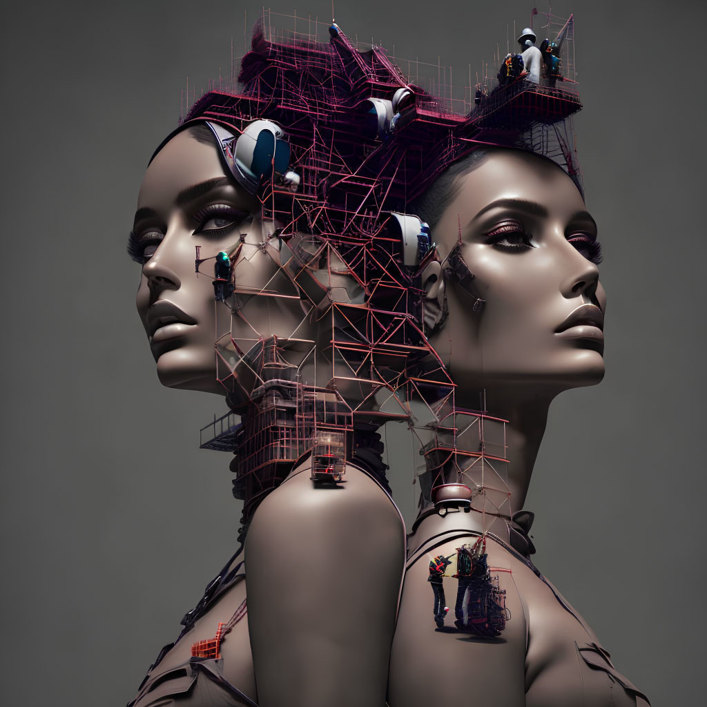 Digital artwork of two female figures with intricate scaffold-like headpieces hosting tiny figures.