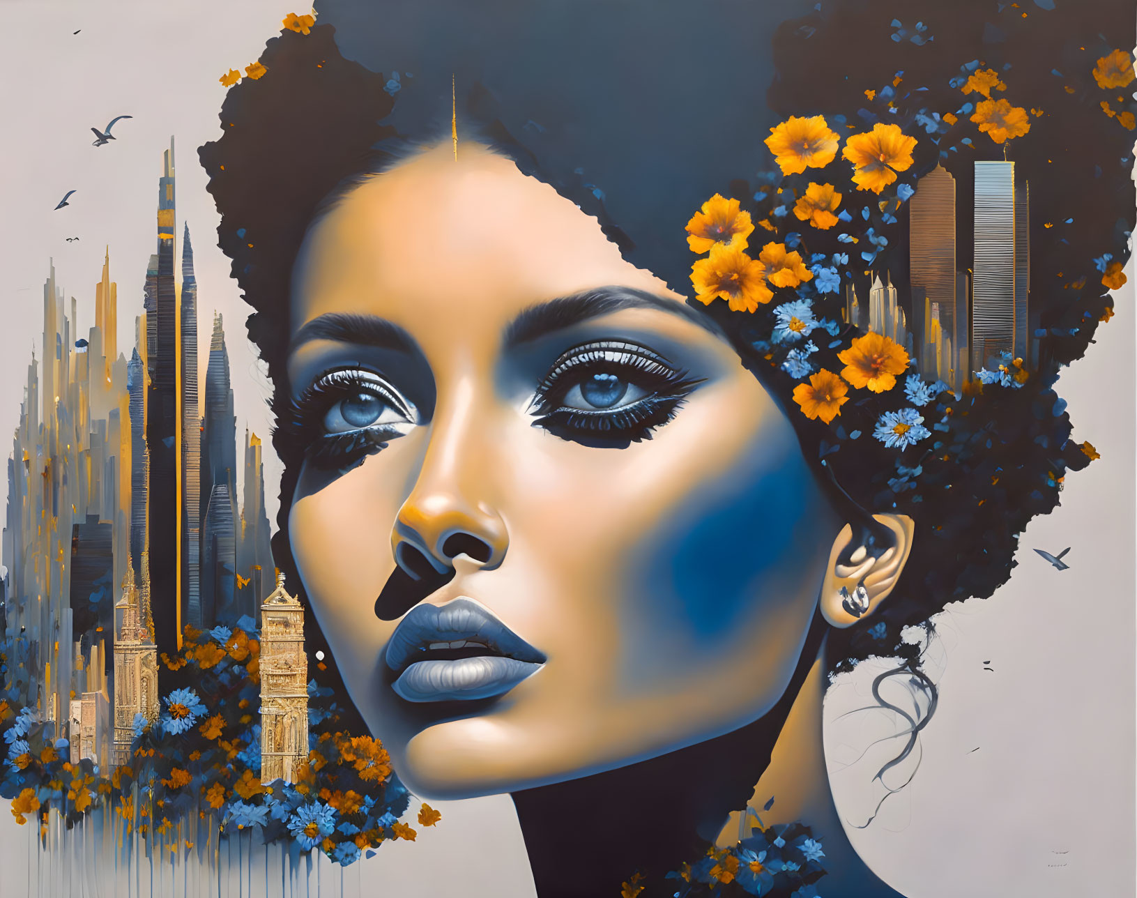 Portrait of Woman with Cityscape Hair & Orange Flowers in Gray, Gold & Blue