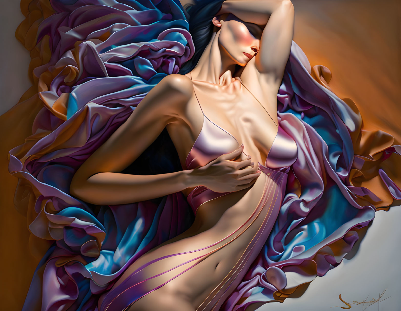 Colorful Drapery Surrounds Elegant Woman in Dynamic Pose