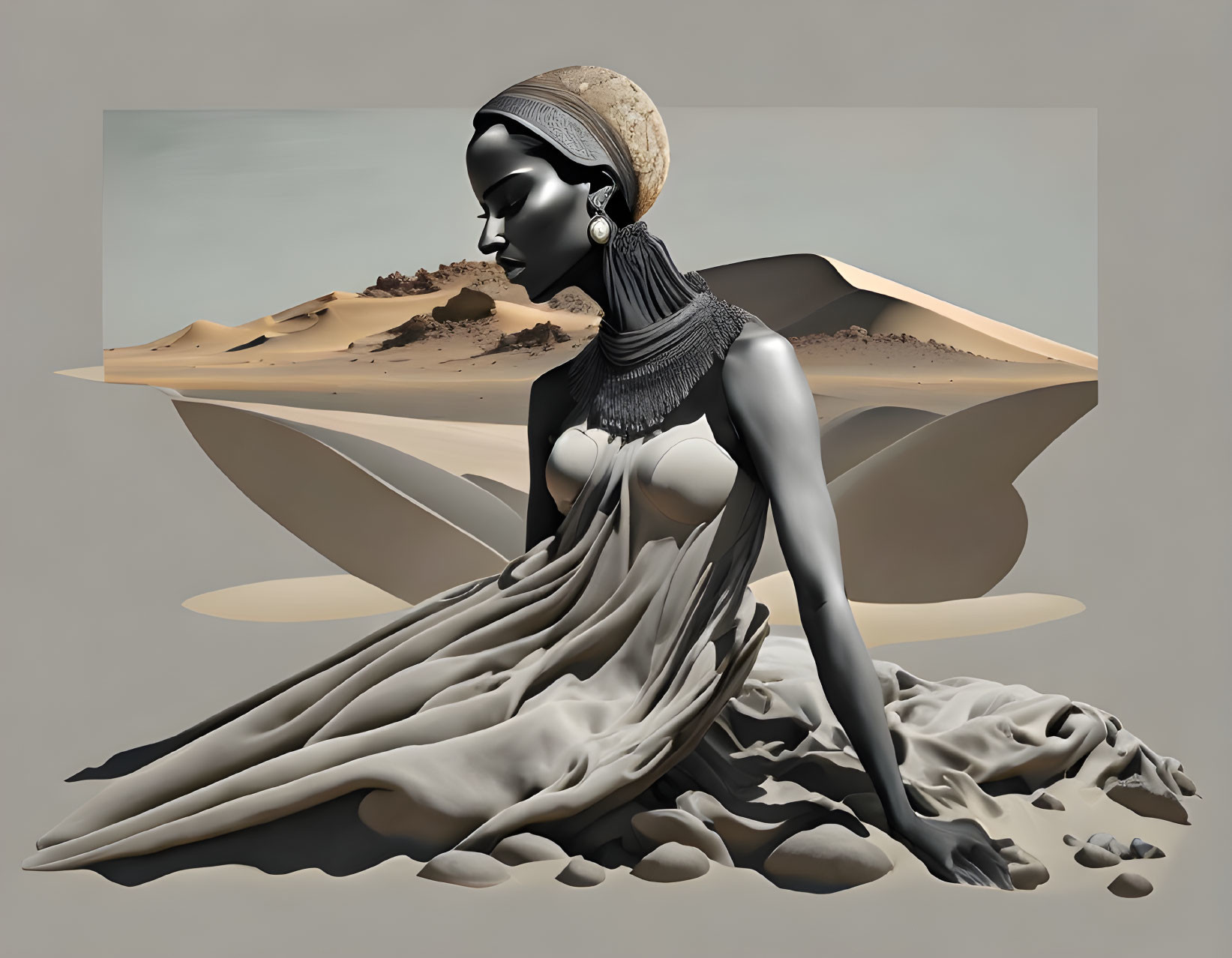 Surreal artwork: Woman in classical attire merging with desert dunes