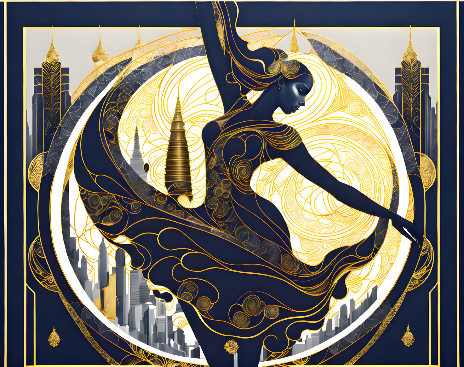 Art Deco-style illustration of stylized female figure in flowing robes with golden sun, skyscrapers