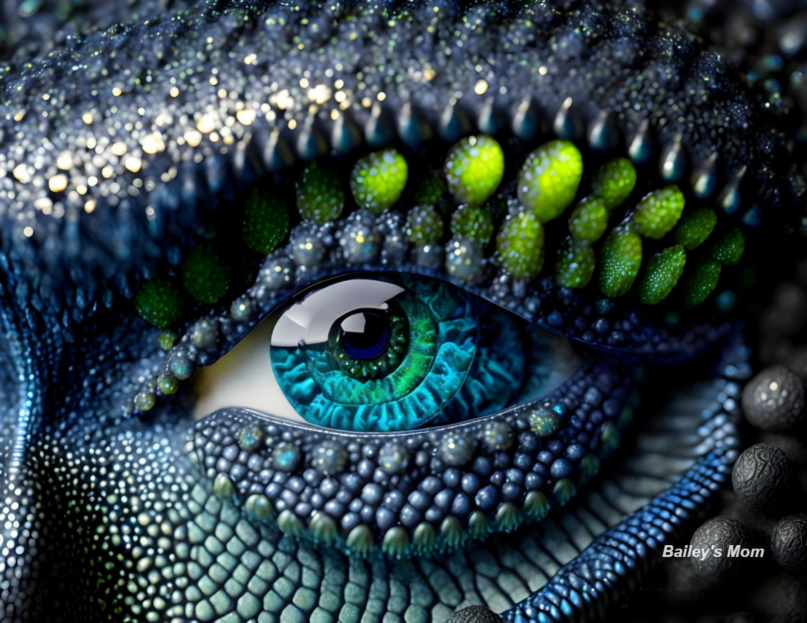 Detailed view of a digitally-rendered lizard's eye with vibrant blue and green scales