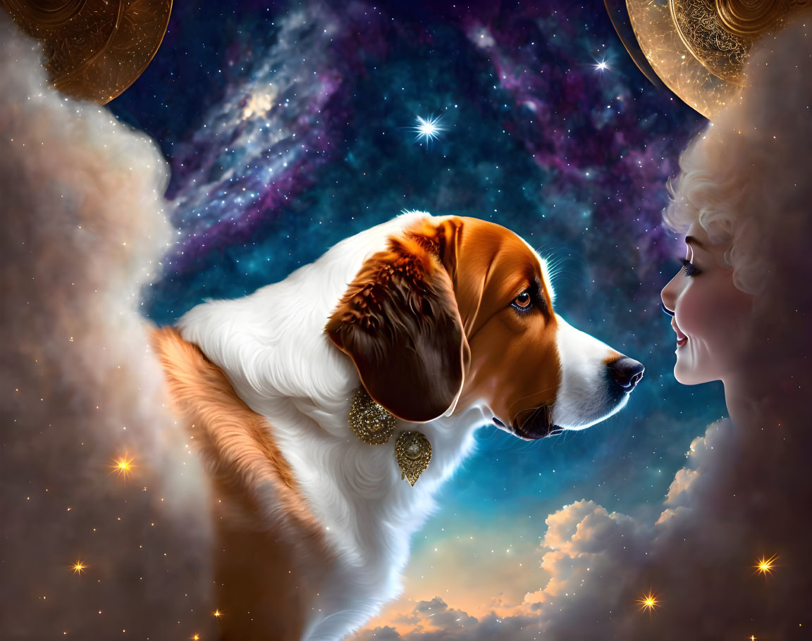 Surreal image: Beagle dog and woman under cosmic sky