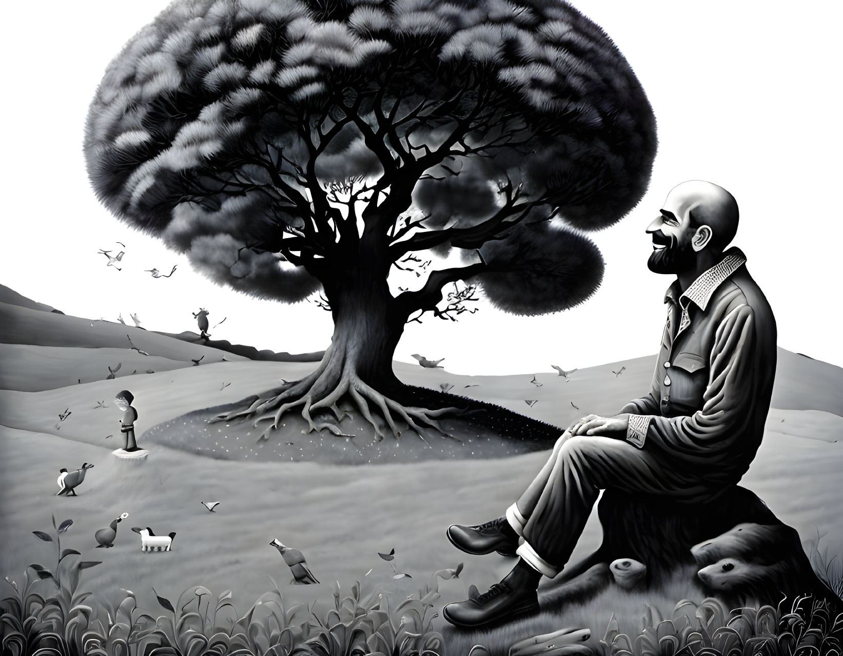 Monochromatic illustration: Smiling bearded man under tree with flying birds and swimming fish