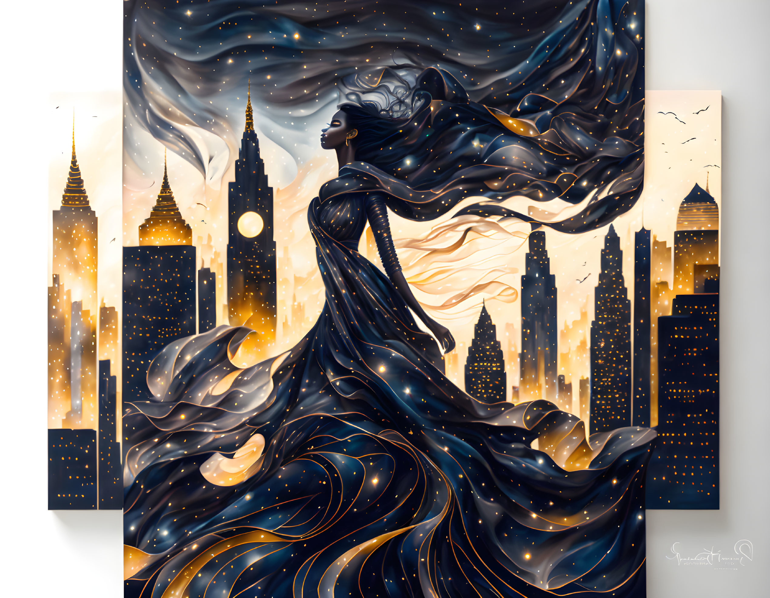 Illustration of woman with flowing hair in starry dress against cityscape