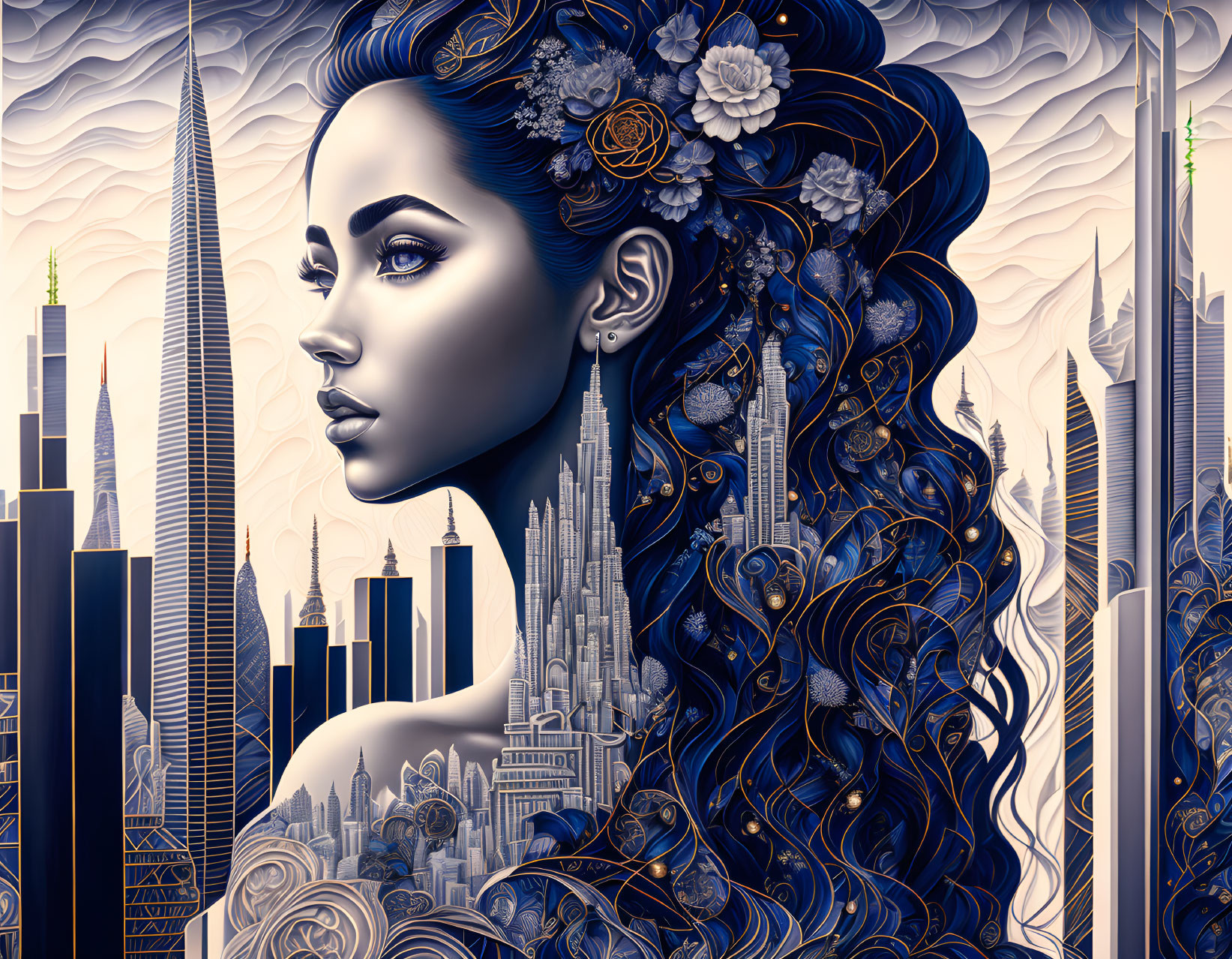 Profile of a Woman Merging with Urban Skyline Art