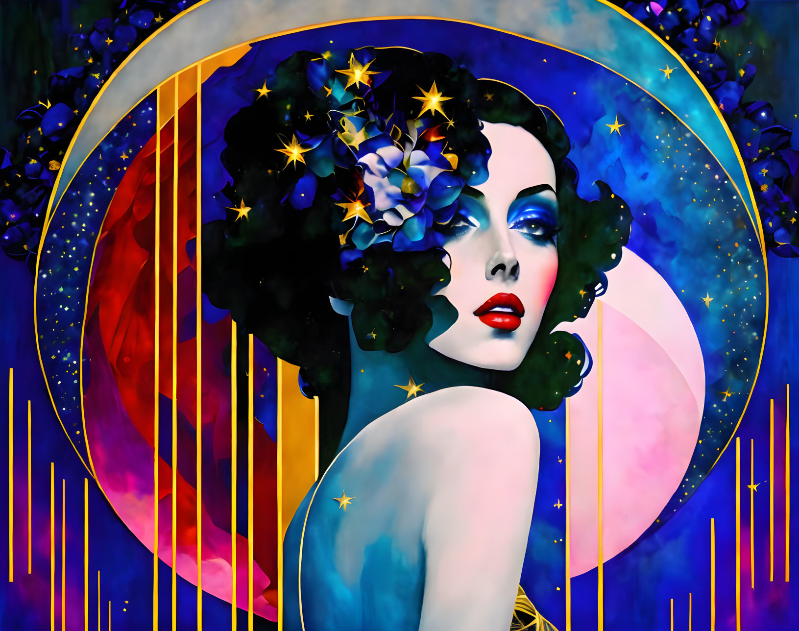 Vibrant Woman Illustration with Celestial Theme