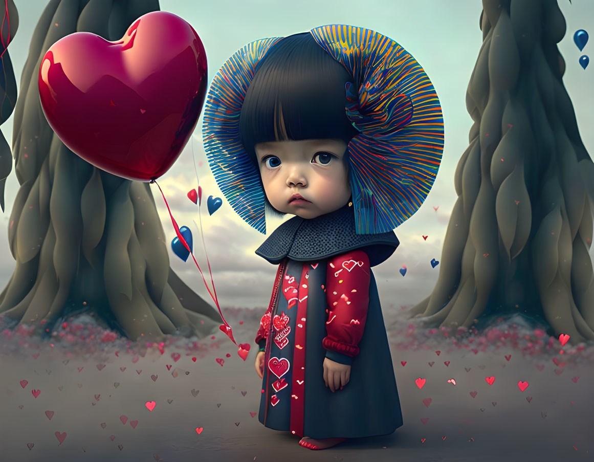 Child with large, colorful hat holding heart balloon in whimsical forest scene