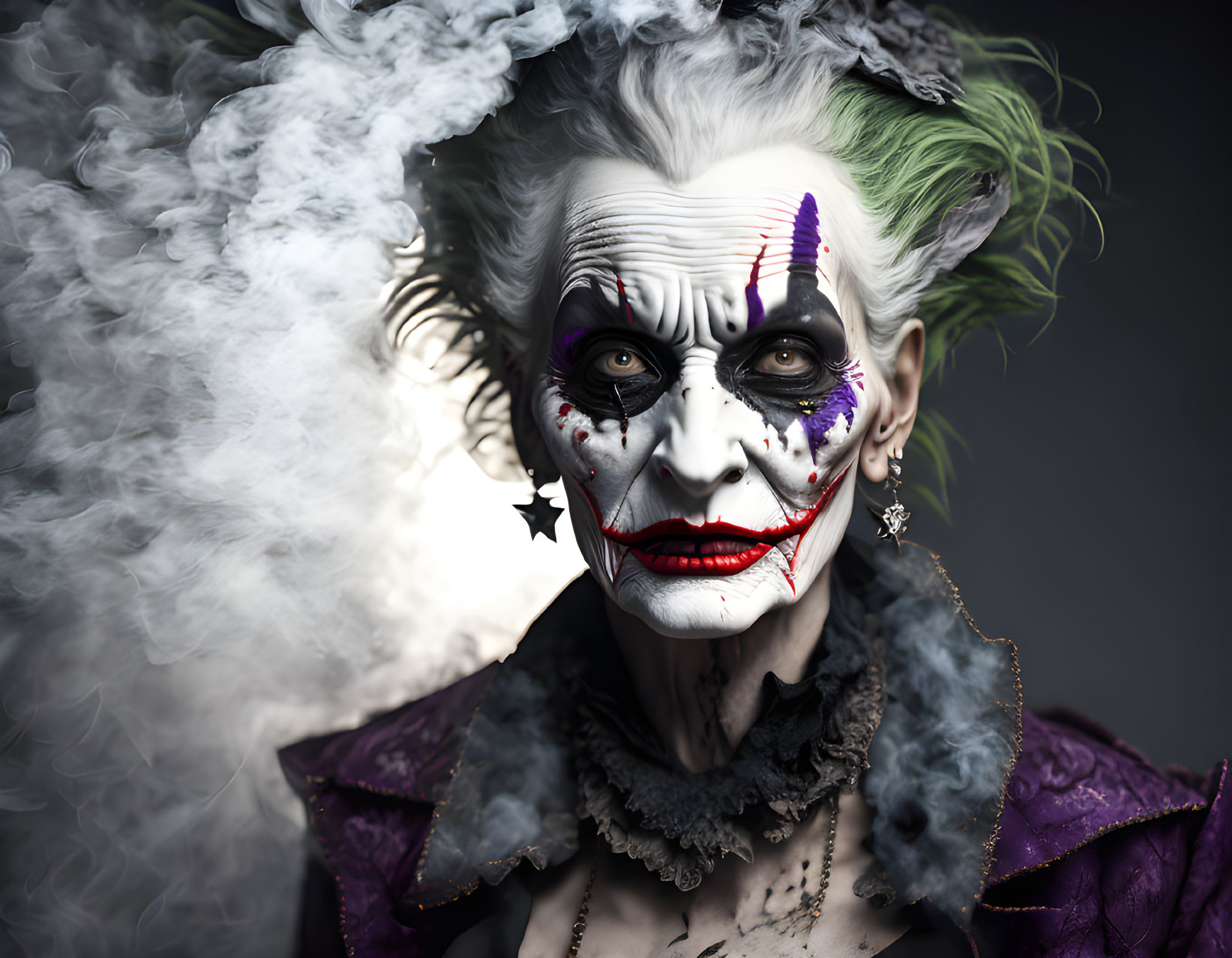 Clown makeup with green hair, white face, red lips, purple accents, and dark eyes.