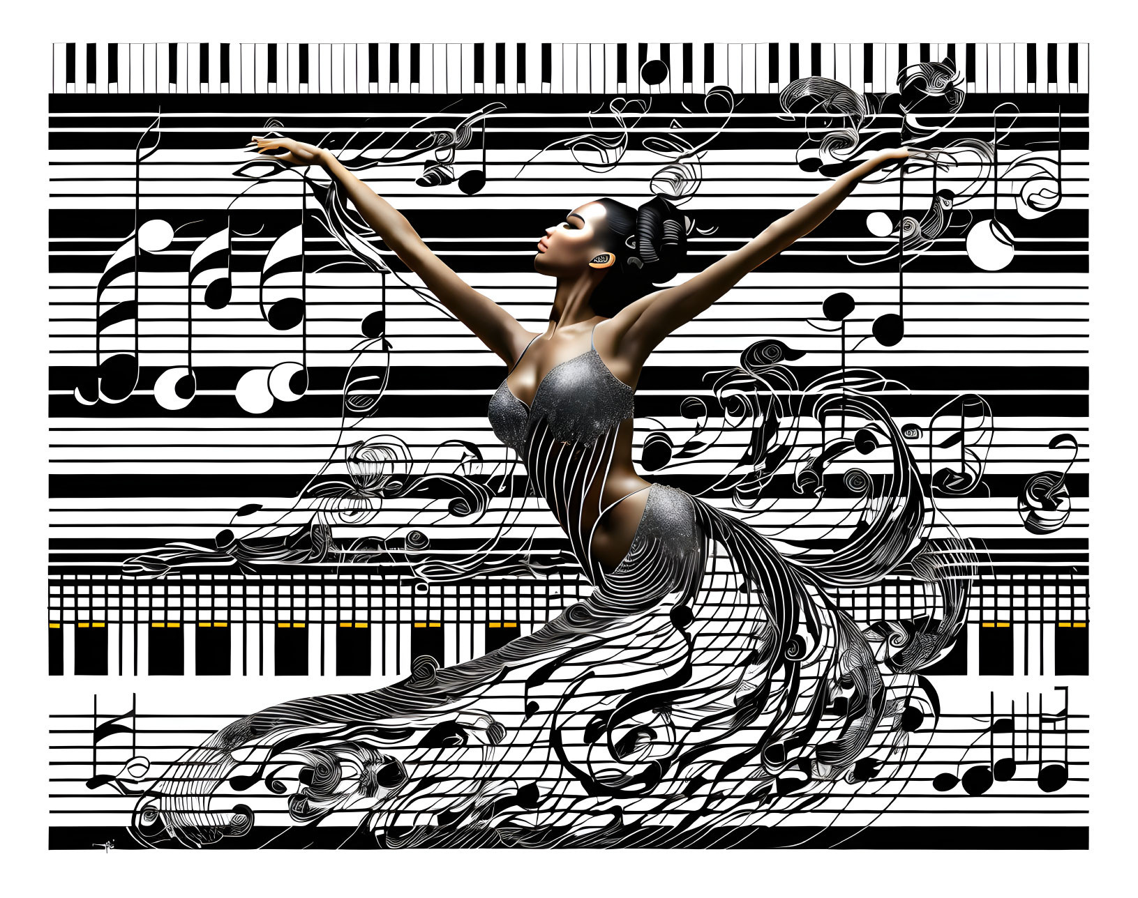 Graceful dancer in flowing dress merges with musical notes and piano keys