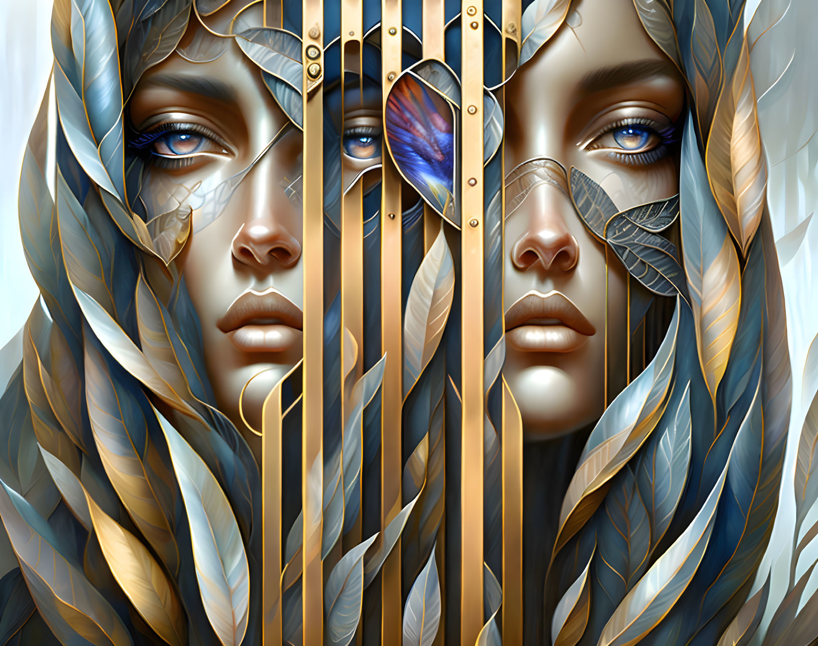 Symmetrical faces with feathers and gold accents merging with cosmic eye