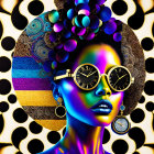 Colorful digital portrait of a woman with clock sunglasses and intricate timepiece patterns.