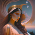 Stylized portrait of serene woman with crown, flowing garments, celestial bodies, and ship.