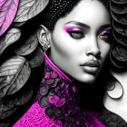 Monochrome image with pink pop, woman adorned with floral patterns and vivid pink eyeshadow