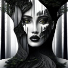 Surreal artwork: woman's face merging with misty forest