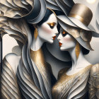 Stylized art deco women in flowing golden and silver garments