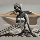 Surreal artwork: Woman in classical attire merging with desert dunes