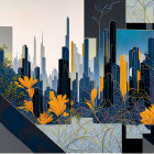 Abstract cityscape painting with architectural and plant elements, dark/light contrast, gold and blue tones