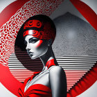 Stylized illustration of woman with red details and intricate hair patterns on circular backdrop.