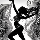 Dancing Woman Silhouette with Musical Elements on Grayscale Gradient