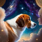 Surreal image: Beagle dog and woman under cosmic sky