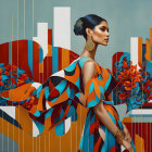 Fashionable woman with bun in colorful outfit against abstract backdrop