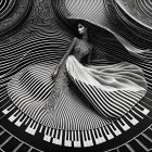 Monochrome artistic image of woman in flowing dress merging with piano keys against intricate backdrop.