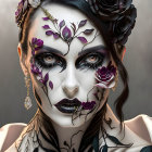 Pale Woman with Floral Face Paint and Dark Makeup