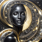 Cosmic-themed digital artwork of a woman with gold adornments on starry night backdrop