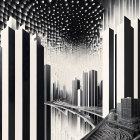 Surreal Black and White Cityscape with Skyscrapers