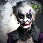 Clown makeup with green hair, white face, red lips, purple accents, and dark eyes.