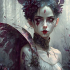 Fantasy illustration of pale woman with floral crown and tattered wing in misty rose forest